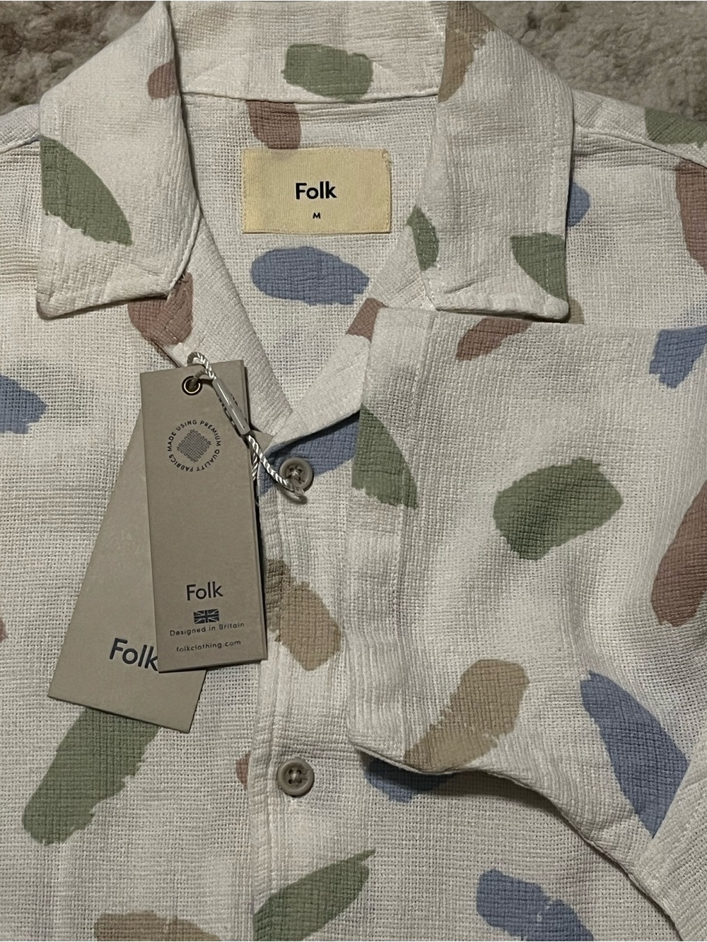 NWT Folk Clothing Contour SS Shirt Steel Brush Stroke Printed Camp Collar Mens M